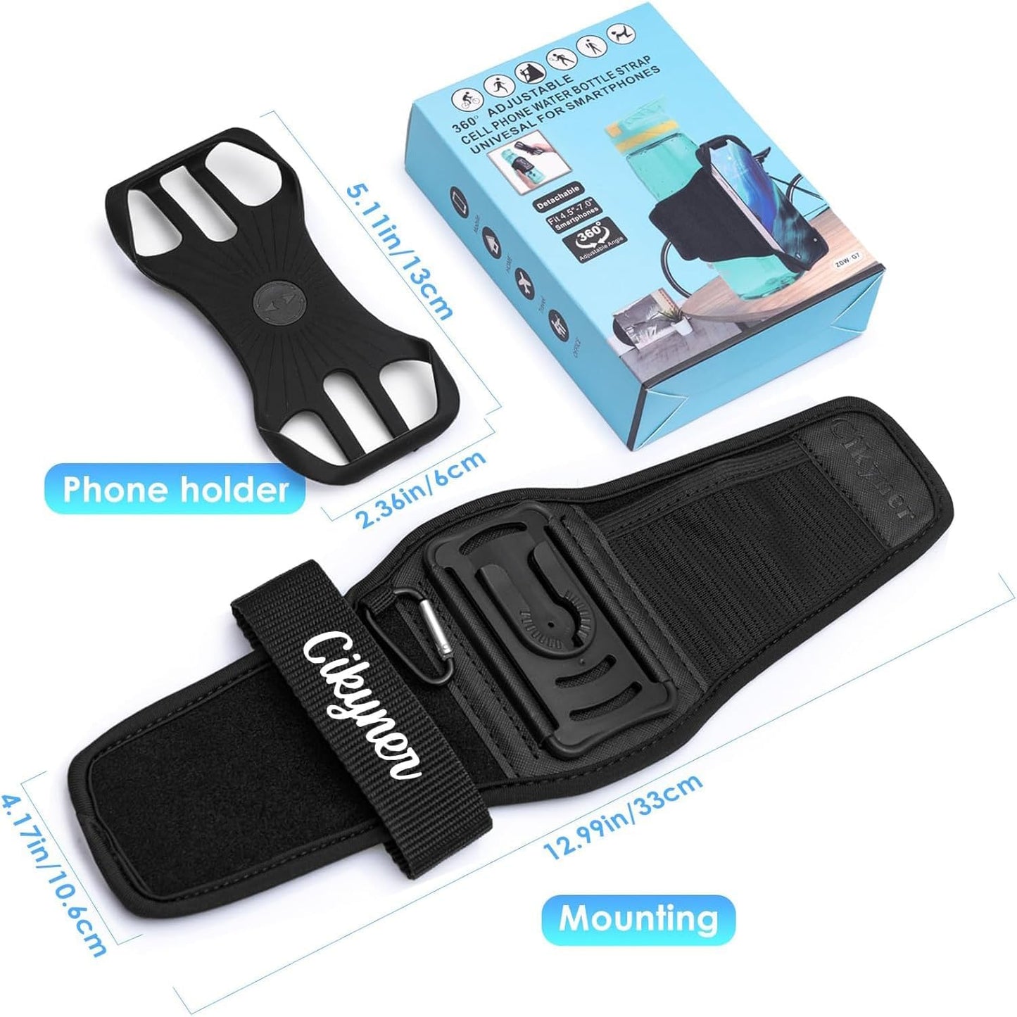 Cinghia Bottiglia Acqua Con Maniglia, 360° Girevole per Cellulare | Supporto Rimovibile per Bottiglie Da 5-9 Cm E Telefoni 4,5-7". Ideale per Palestra, Corsa E Allenamento