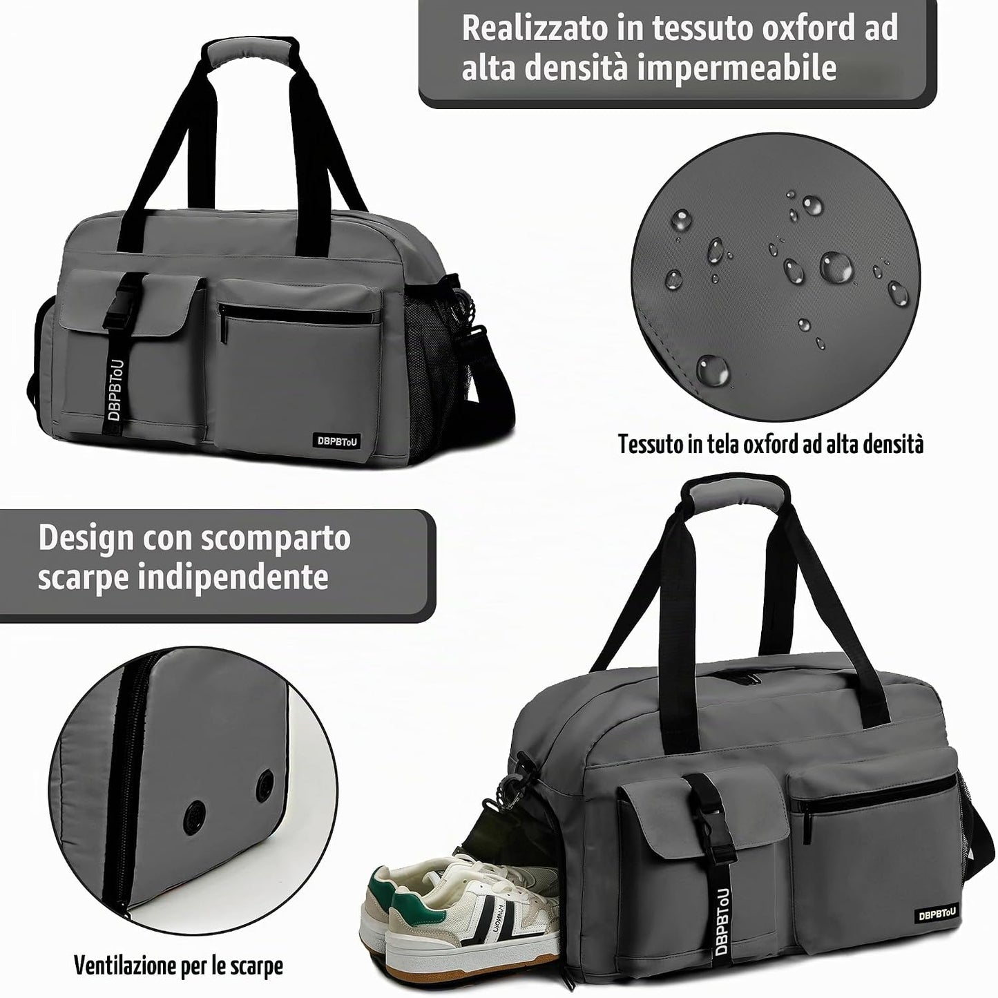 Borsone Palestra Donna Uomo Di Ventilazione (Grigio) | Borsa Palestra Donna Con Scomparto per Scarpe, Borsone Da Viaggio Impermeabile, Borsone Sportivo/Borsa Piscina