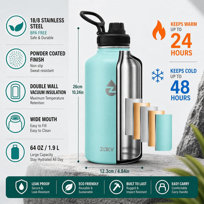Borraccia Termica 2 Litri Con Cannucce E 3 Coperchi, Borraccia Acciaio Inox Con Manico in Paracord, Bottiglia Termica Con Spazzole per Palestra, Escursionismo, Campeggio (Turchese)