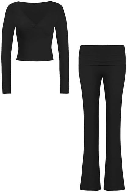 Tuta Donna Casual 2 Pezzi Completo Sportivo Maniche Lunghe Crop Top E Pantaloni a Zampa Tute Scollo a V Slim Fit Lounge Set Elegante per Yoga Palestra Fitness Jogging Outfit Y2K Streetwear