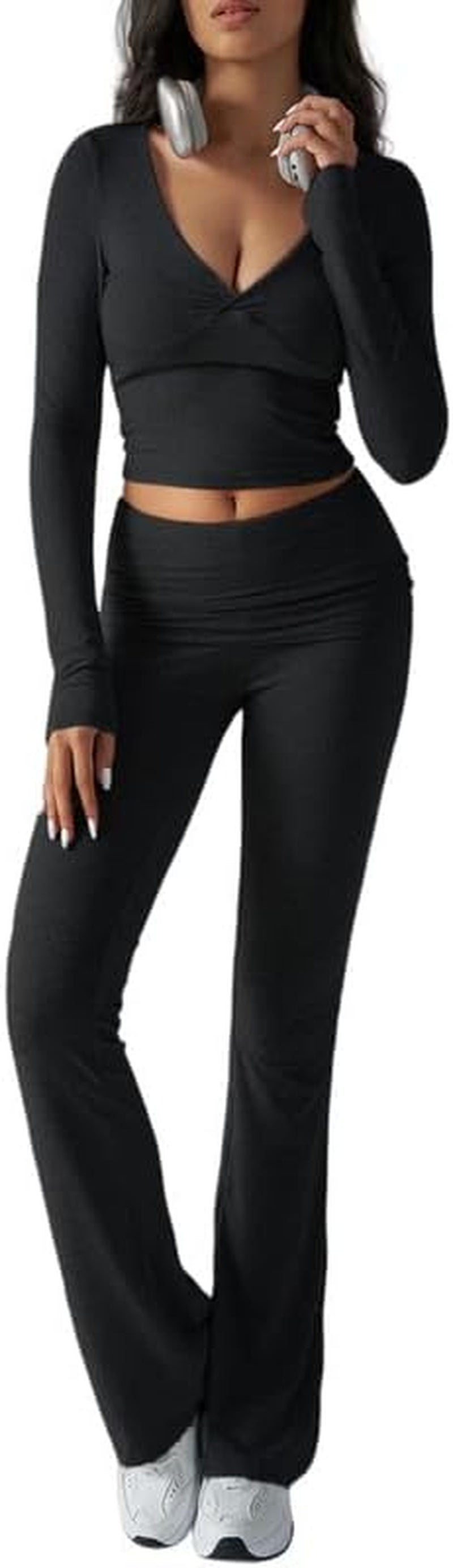 Tuta Donna Casual 2 Pezzi Completo Sportivo Maniche Lunghe Crop Top E Pantaloni a Zampa Tute Scollo a V Slim Fit Lounge Set Elegante per Yoga Palestra Fitness Jogging Outfit Y2K Streetwear