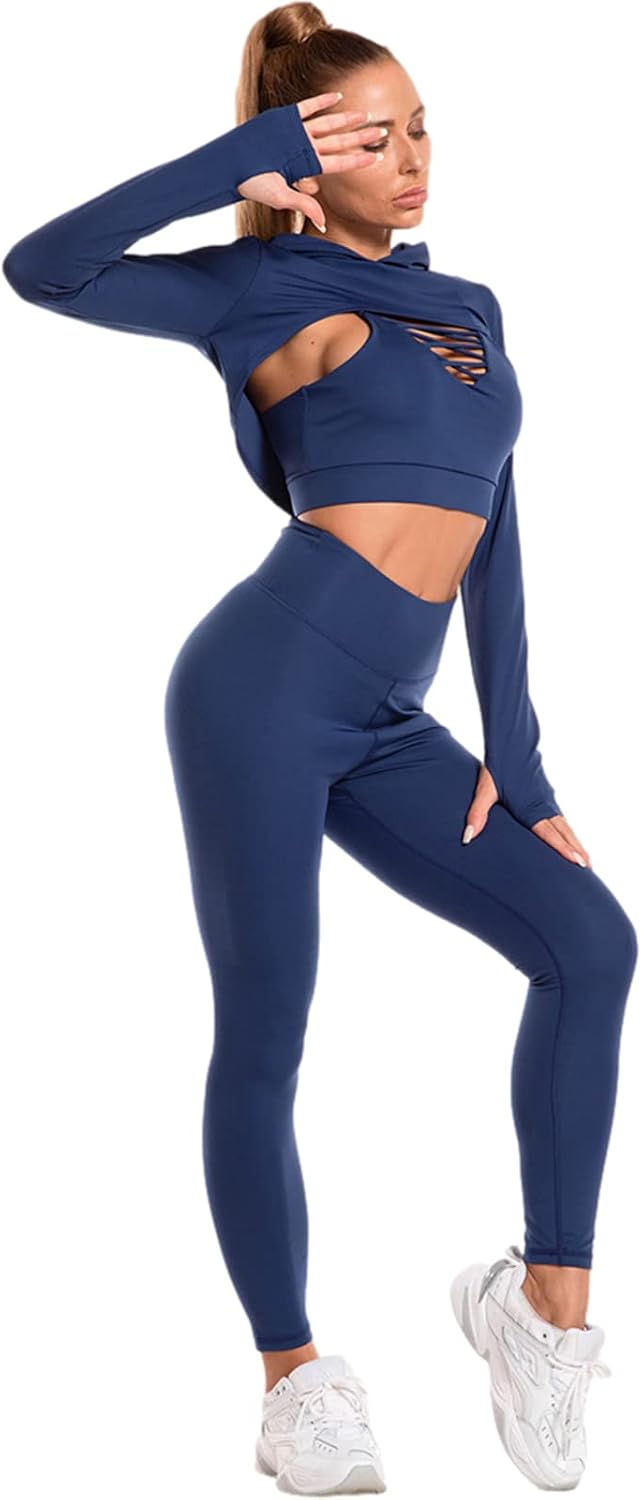 Donna 3 Pezzi Tuta Da Yoga Gym Allenamento Sexy Reggiseno a Canotta Incrociato + Top Corto Con Cappuccio + Legging Palestra Fitness Abbigliamento Sportivo