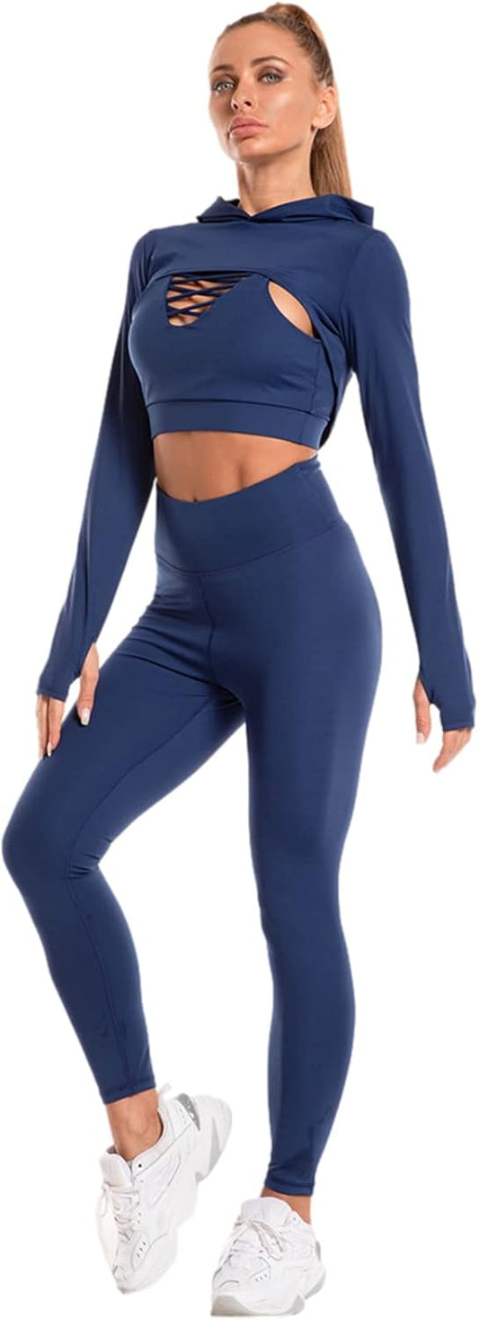 Donna 3 Pezzi Tuta Da Yoga Gym Allenamento Sexy Reggiseno a Canotta Incrociato + Top Corto Con Cappuccio + Legging Palestra Fitness Abbigliamento Sportivo