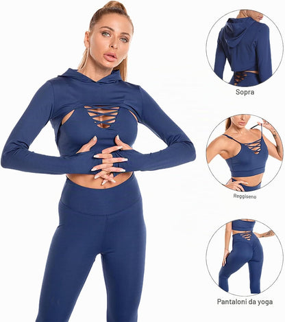 Donna 3 Pezzi Tuta Da Yoga Gym Allenamento Sexy Reggiseno a Canotta Incrociato + Top Corto Con Cappuccio + Legging Palestra Fitness Abbigliamento Sportivo