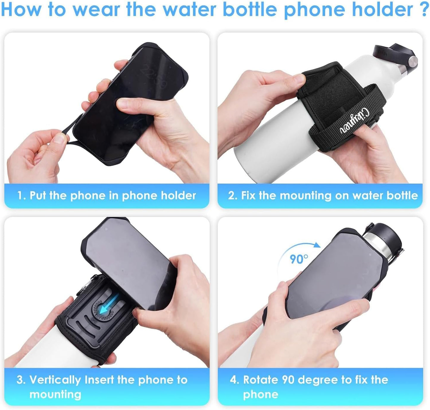 Cinghia Bottiglia Acqua Con Maniglia, 360° Girevole per Cellulare | Supporto Rimovibile per Bottiglie Da 5-9 Cm E Telefoni 4,5-7". Ideale per Palestra, Corsa E Allenamento