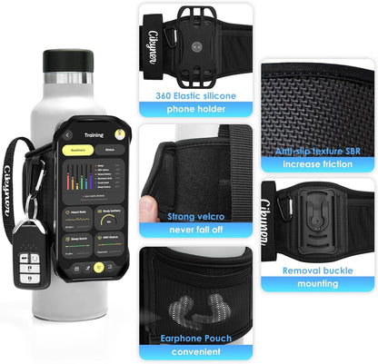 Cinghia Bottiglia Acqua Con Maniglia, 360° Girevole per Cellulare | Supporto Rimovibile per Bottiglie Da 5-9 Cm E Telefoni 4,5-7". Ideale per Palestra, Corsa E Allenamento
