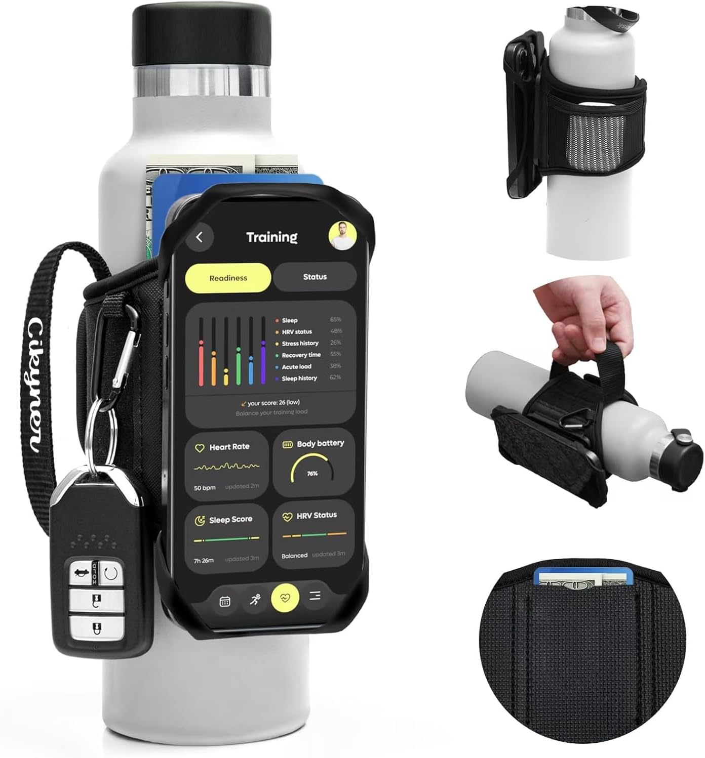 Cinghia Bottiglia Acqua Con Maniglia, 360° Girevole per Cellulare | Supporto Rimovibile per Bottiglie Da 5-9 Cm E Telefoni 4,5-7". Ideale per Palestra, Corsa E Allenamento