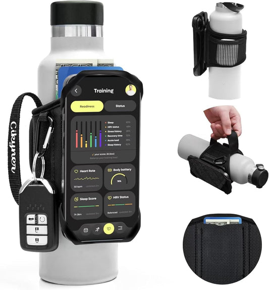 Cinghia Bottiglia Acqua Con Maniglia, 360° Girevole per Cellulare | Supporto Rimovibile per Bottiglie Da 5-9 Cm E Telefoni 4,5-7". Ideale per Palestra, Corsa E Allenamento
