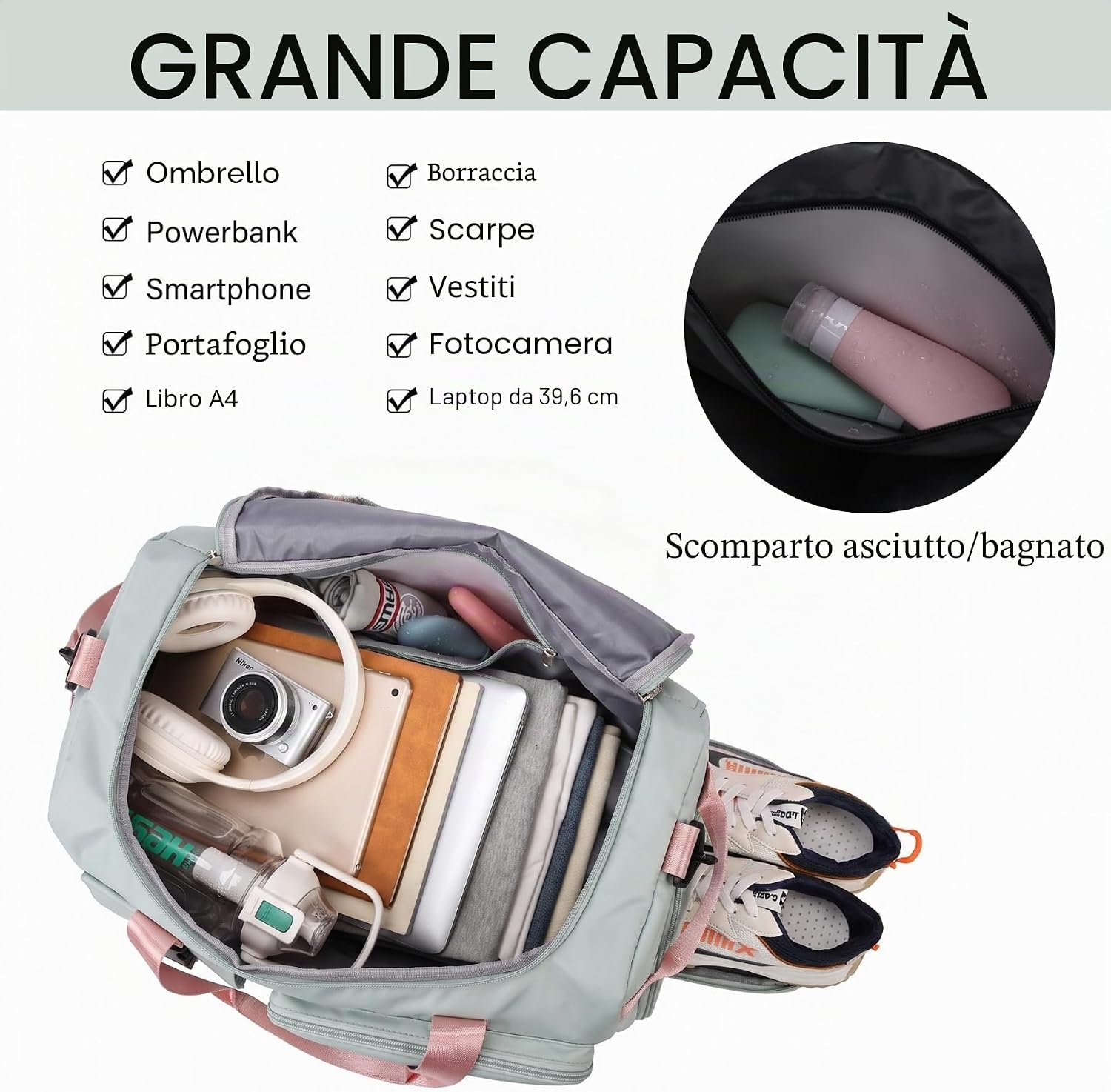 Borsa Palestra Donna Uomo Borsa Piscina 42L Zaino Palestra Con Porta Scarpe E Tasca Umida Impermeabile Borsone Gym Duffel Bag Da Viaggio, per Sport, Fitness, Il Campeggio