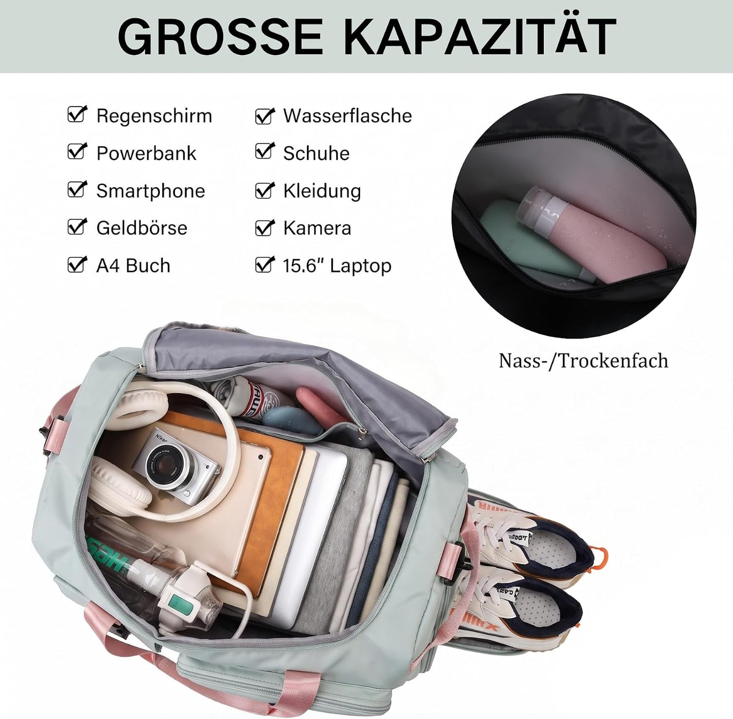 Borsa Palestra Donna Uomo Borsa Piscina 42L Zaino Palestra Con Porta Scarpe E Tasca Umida Impermeabile Borsone Gym Duffel Bag Da Viaggio, per Sport, Fitness, Il Campeggio