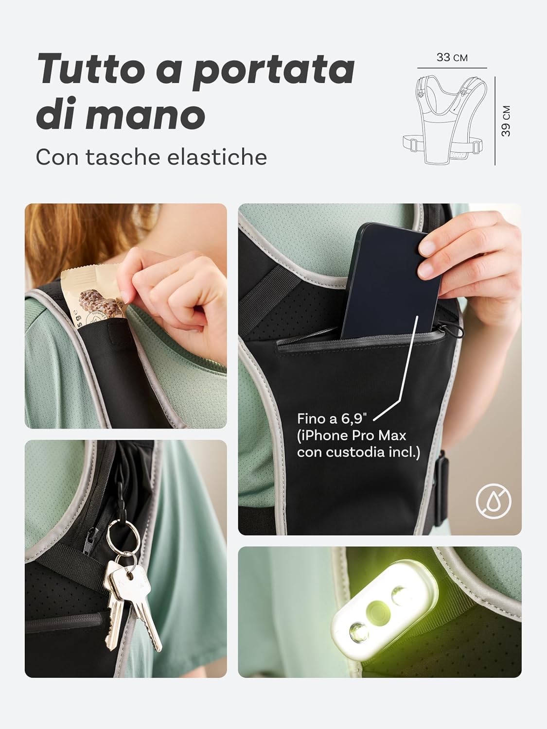 Gilet Da Corsa Uomo E Donna Con Tasca per Telefono E Borraccia – Tasca Impermeabile per Smartphone – Gilet Running Regolabile Con Riflettori – Vestibilità Sicura E Stabile – Pettorina Corsa