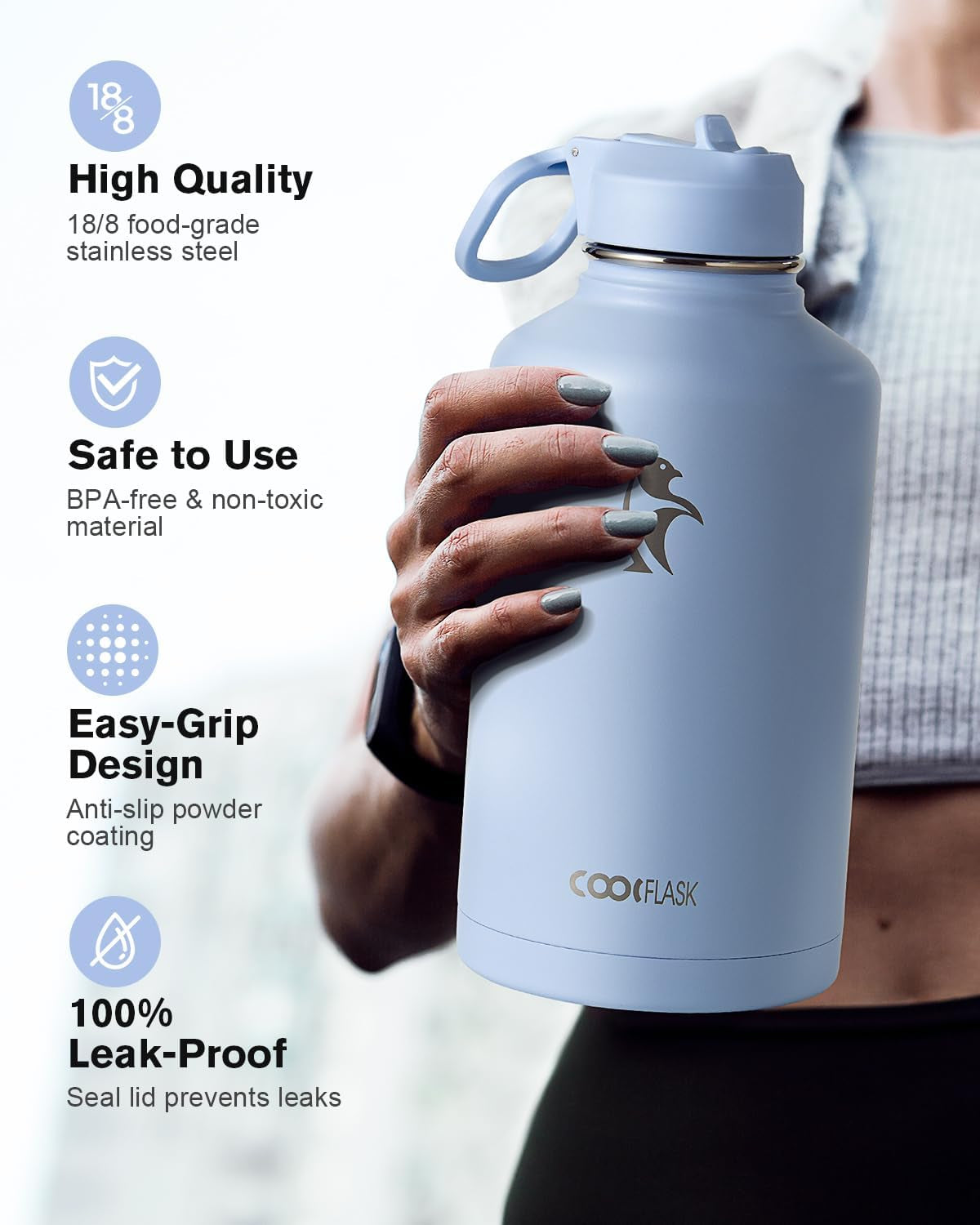 - Borraccia Termica Da 1,9 Litri, Con Cannuccia E 3 Coperchi, Brocca per L'Acqua Da 1,9 L, in Acciaio Inox, Con Imboccatura Larga, per Sport, Palestra O Ufficio, Senza BPA, Mantiene Il