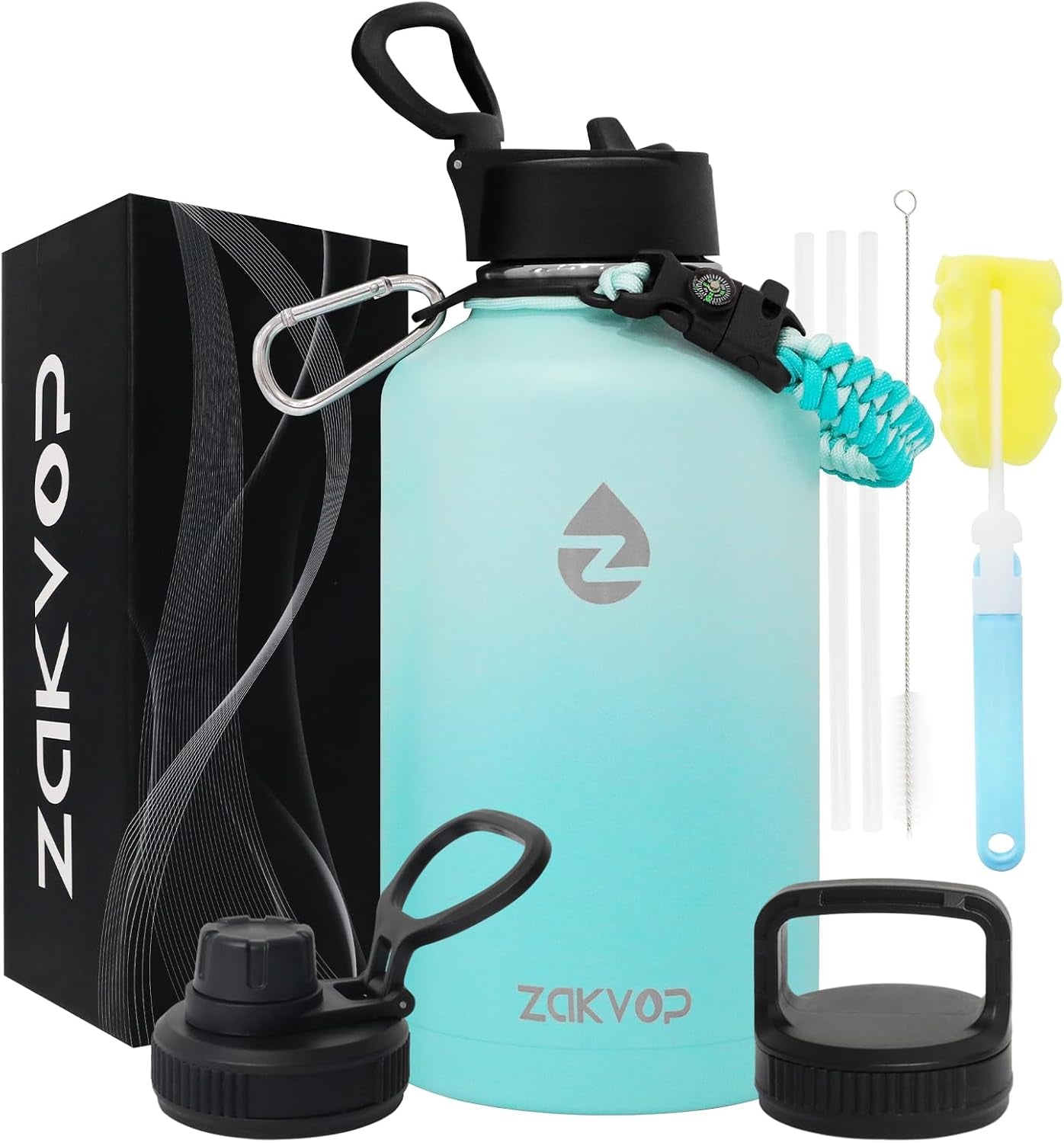 Borraccia Termica 2 Litri Con Cannucce E 3 Coperchi, Borraccia Acciaio Inox Con Manico in Paracord, Bottiglia Termica Con Spazzole per Palestra, Escursionismo, Campeggio (Turchese)
