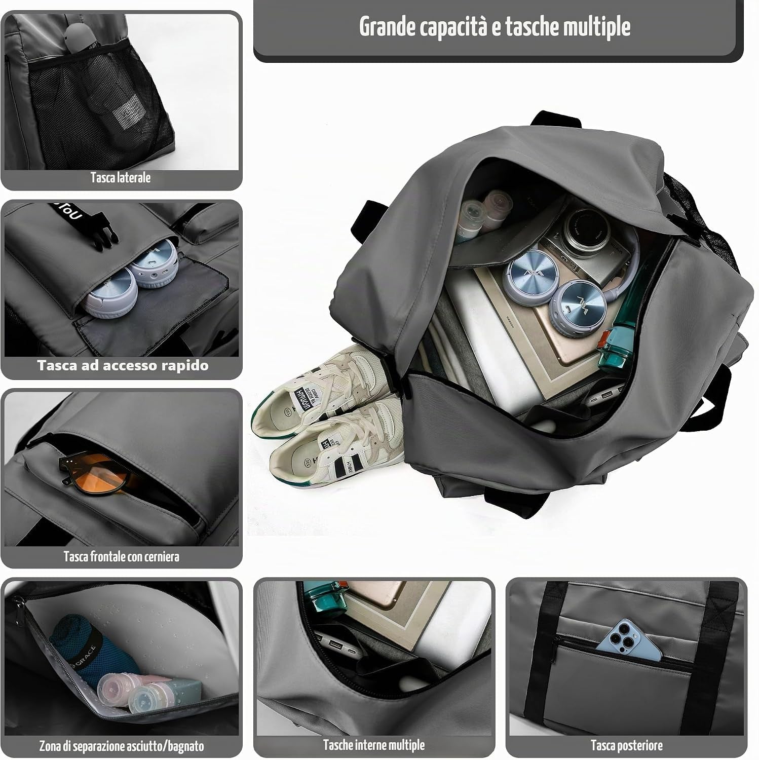 Borsone Palestra Donna Uomo Di Ventilazione (Grigio) | Borsa Palestra Donna Con Scomparto per Scarpe, Borsone Da Viaggio Impermeabile, Borsone Sportivo/Borsa Piscina