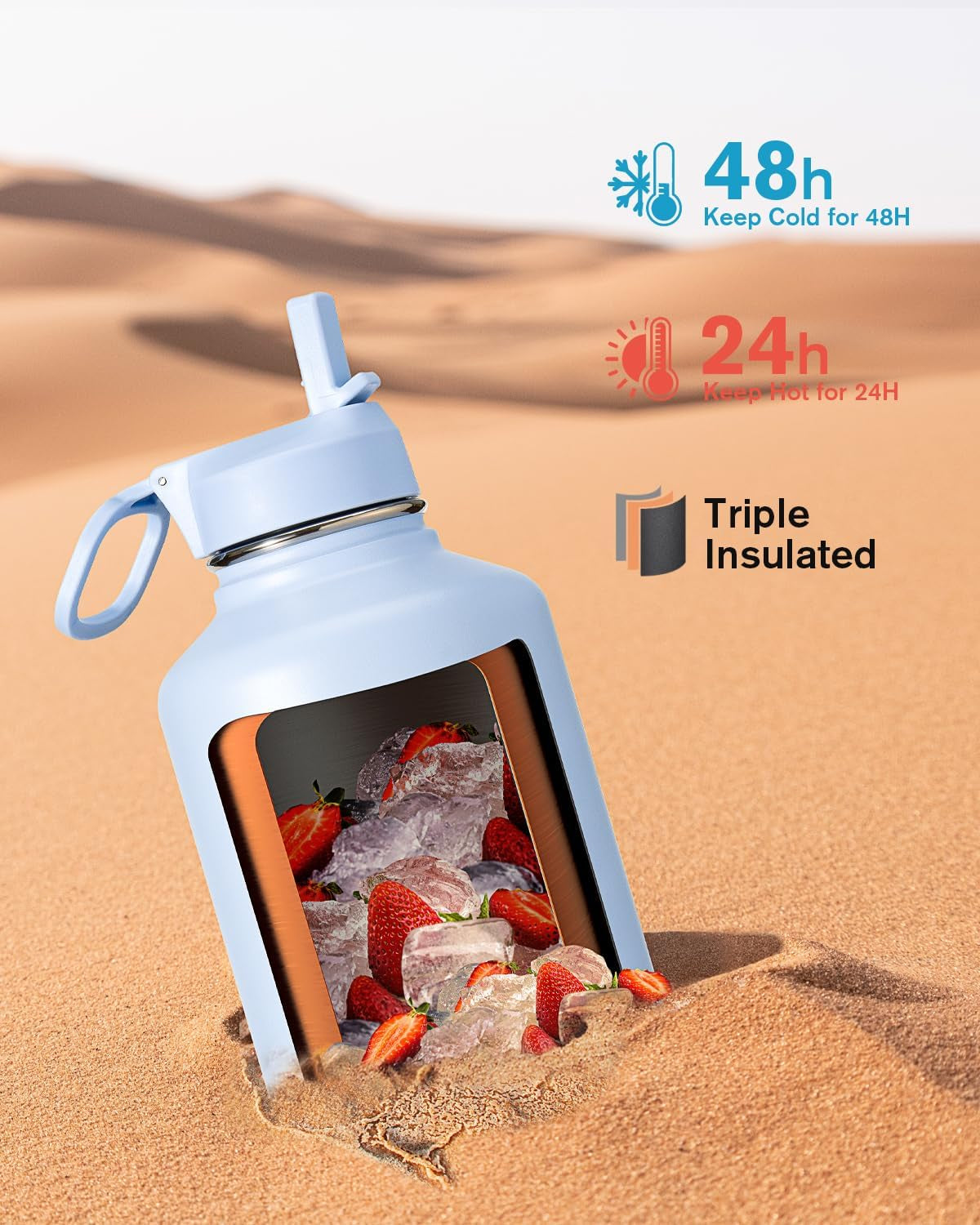- Borraccia Termica Da 1,9 Litri, Con Cannuccia E 3 Coperchi, Brocca per L'Acqua Da 1,9 L, in Acciaio Inox, Con Imboccatura Larga, per Sport, Palestra O Ufficio, Senza BPA, Mantiene Il